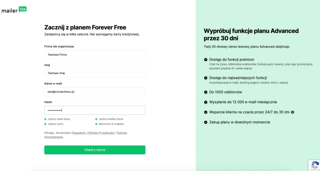 Formularz rejestracji konta w MailerLite
