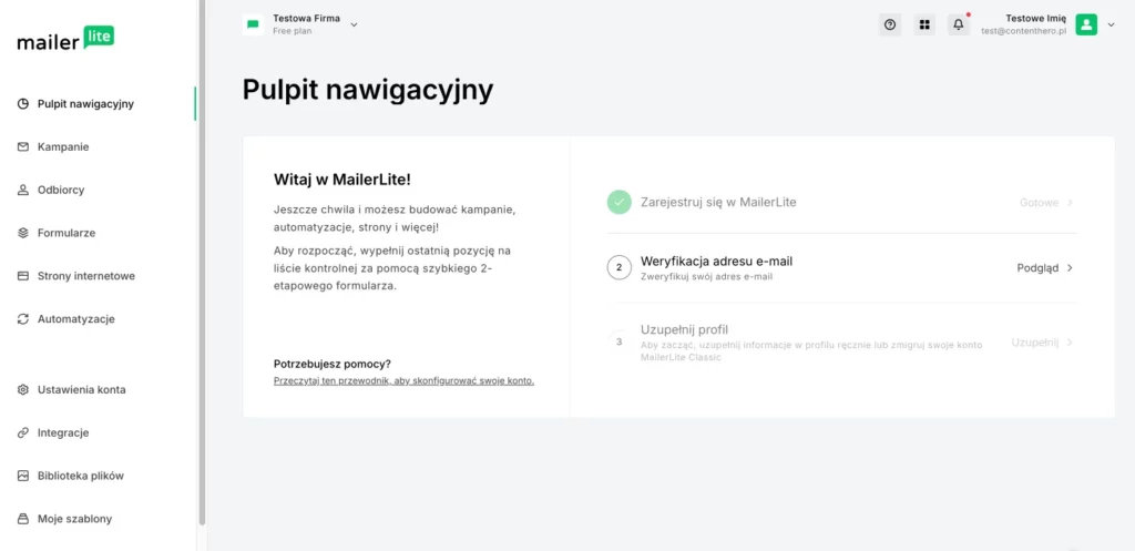 Potwierdzenie adresu e-mail podczas zakładania konta w MailerLite